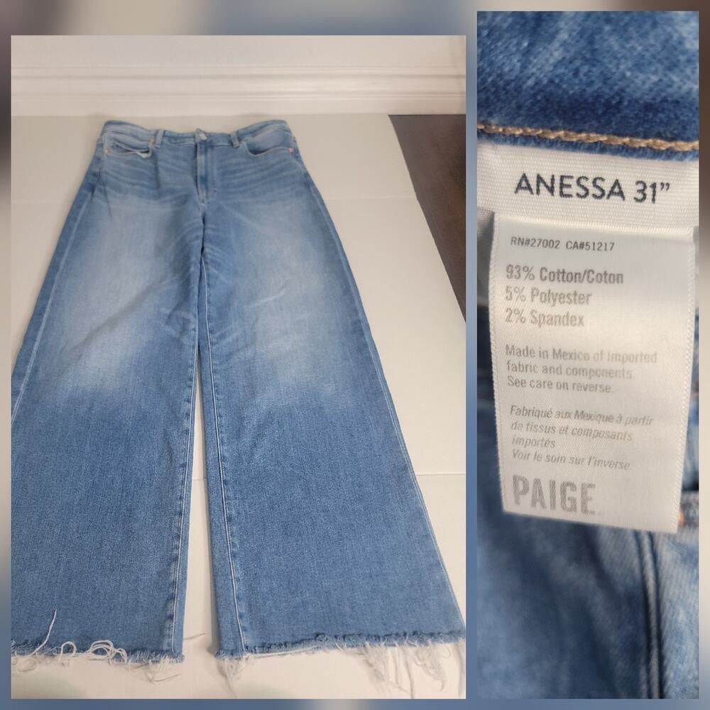 Paige Anessa Wide Leg Jeans Size 32 Wash Raw Hem High Rise Denim 257923